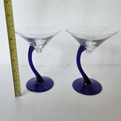 Libbey Bravura Martini Glasses (Set of 2) Cobalt Blue Curved Stem Vtg Barware