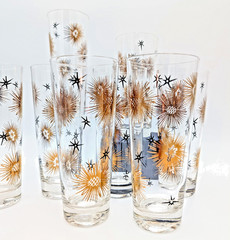 VTG MCM set of 8 Federal Glass Atomic Starburst Highball Glasses Gold and Black