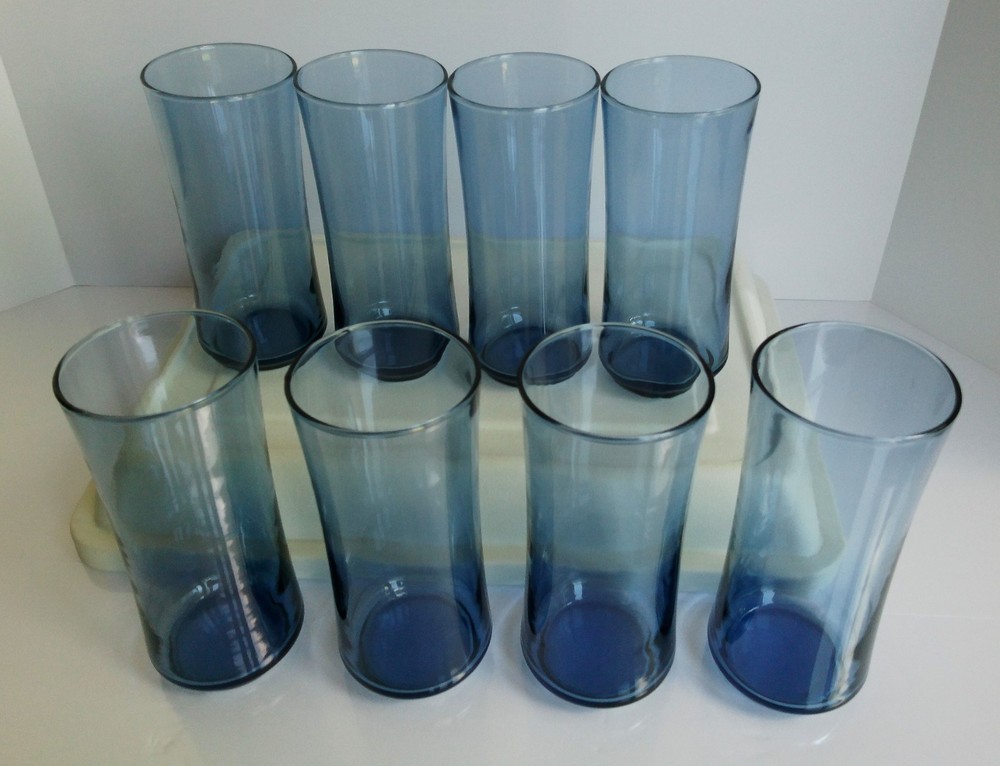 Set Of 8 Vintage Libbey Bolero Dusky Blue Glasses Tumbler Cooler 16 oz