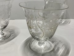 Antique Vtg Rococo Style Harp Etched Crystal Footed Cordials Glasses Stemware