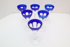 SET 6 BOHEMIAN CZECH CUT TO CLEAR CRYSTAL 5.5″ WINE GLASS GOBLETS Cobalt BLUE