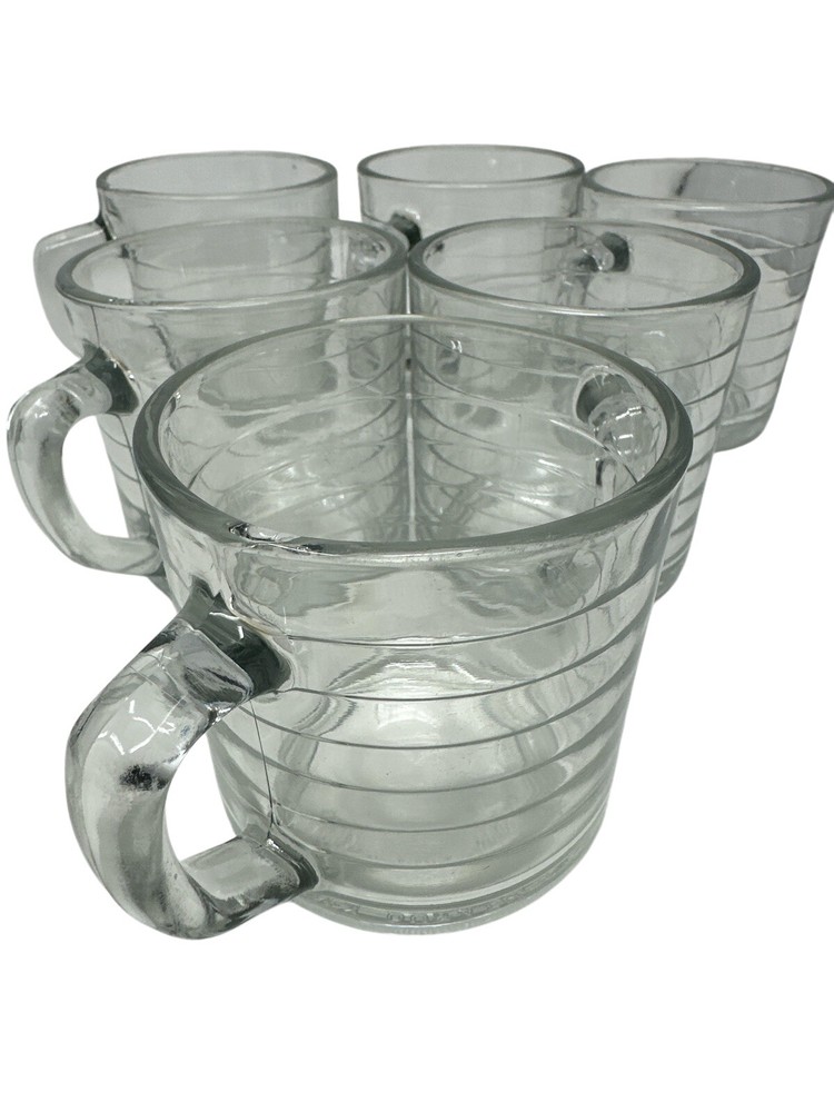 Set Of 6 Vintage Libbey Duratuff Mexico Clear Ribbed Glass Hoops Mugs MINT
