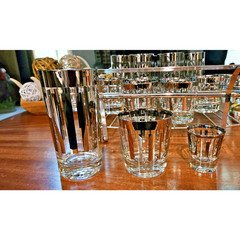 Dorothy Thorpe Style Platinum Silver Stripe Bar Glass Set With CADDY MCM WOW!