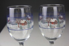 Set of 2 Libbey Glass Co Winter Village Country Snow Scene Water Goblets