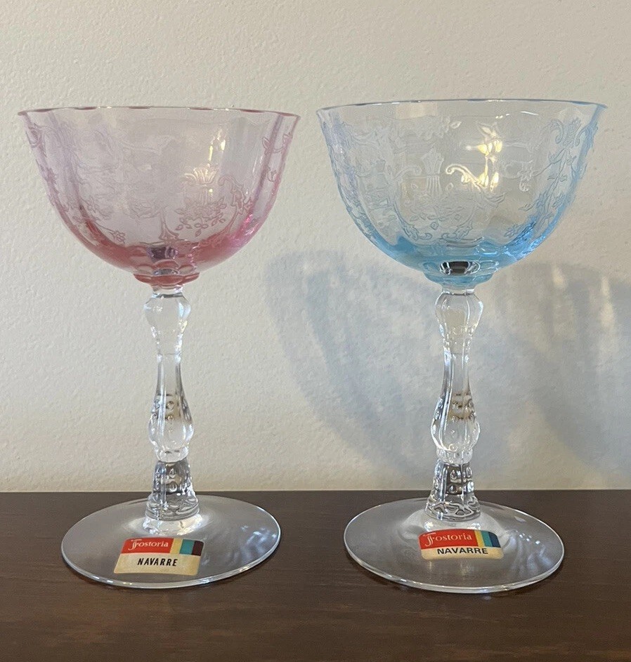 (2) VTG Fostoria Navarre 5 5/8” Pink & Blue Etched Champagne Glass Sticker READ