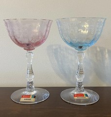 (2) VTG Fostoria Navarre 5 5/8” Pink & Blue Etched Champagne Glass Sticker READ