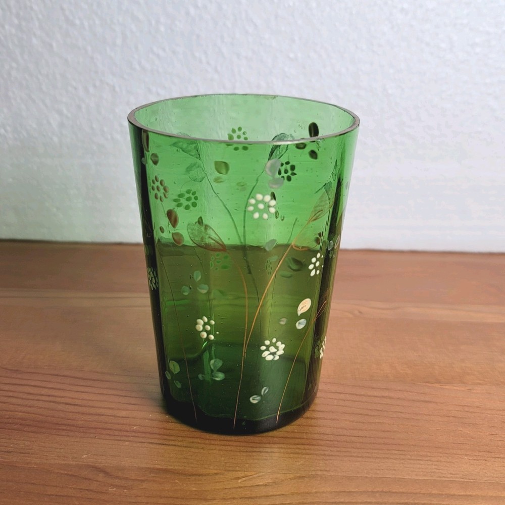 Antique Green Enameled Art Glass Tumbler Victorian Bohemian Gold Floral Design