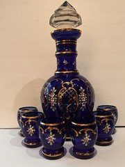 Murano Tre Fuochi Beverage Set 24K Gold Trim Decanter 6 Cordial Glasses Cobalt