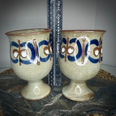 Vtg Stoneware Goblets Set of 2 Stemmed Cups 70s MCM Handmade Rustic Folk Core