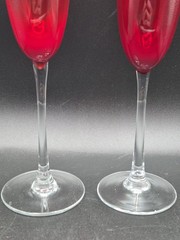2-Ruby Red Hand Blown Champagne Glasses With Clear Stems Etched Atomic Starburst