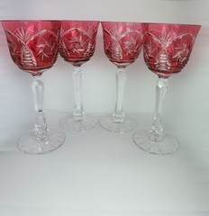 4 Bohemian Glasses Cut To Clear Crystal Cordial Wine Hock Goblets Cranberry
