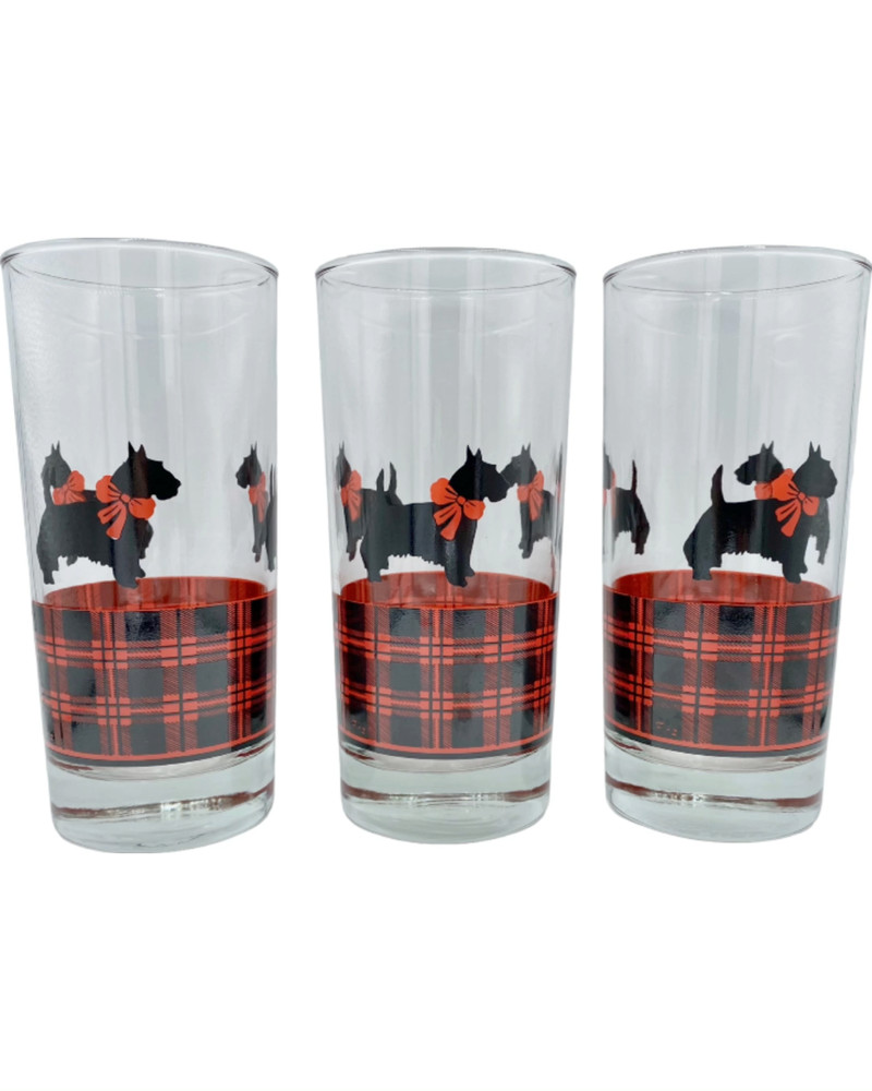 New Anchor Hocking 3 Highball Cocktail Glasses Fitz Scottie Dog Tartan Plaid