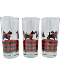 New Anchor Hocking 3 Highball Cocktail Glasses Fitz Scottie Dog Tartan Plaid