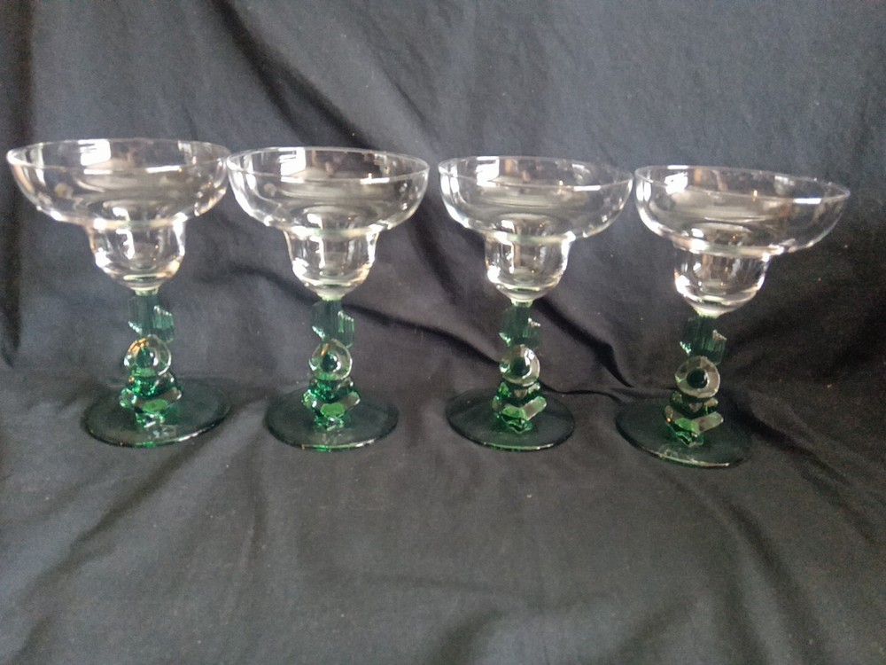 Set Of 4 VTG Cristal D’arques Durand Siesta Clear/Green Margarita Glasses 10oz.