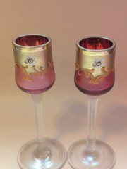 Antique Bohemian Cranberry Enamel Cordial Glasses Gilt Floral Pair Liqueur