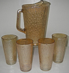 Jeannette Glass TREE BARK Variant Marigold 5 pc Beverage Set Pitcher tumblers