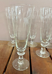 Vintage Crystal Glass Etched Wheat Pattern Champagne Flutes Set of 7 Mix Lot