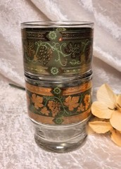 2 Vintage Cera «Golden Grapes Green» Old Fashioned / Cocktail Glasses 3 3/4″
