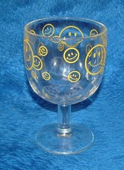 Vintage Yellow Smiley Face Clear Glass Goblet Footed Thumbprint Happy Smile