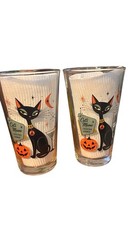 2- 16 oz Retro Halloween Black Cat Cocktail Glass, Heavy Pilsner Beer Glass