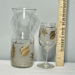 2 Pc MCM Libbey Frosted Golden Foliage Glass Carafe With a Glass VTG