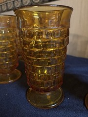 7 Vintage Indiana Glass Cubist Gold Glass 6 1/4” Footed Tumblers +2 – 5 1/4”H