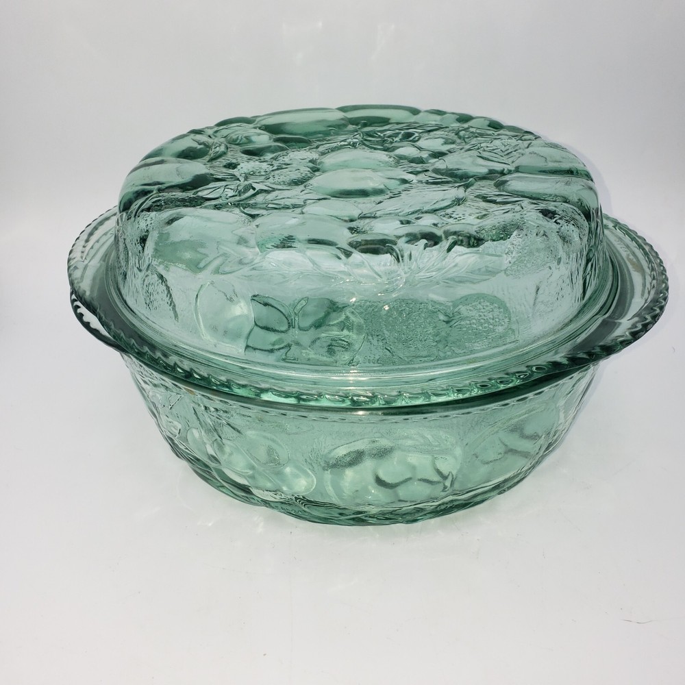 Libbey Orchard 3 QT. Fruit Green Glass Embossed 11″ X 5 1/2″ Deep Casserole