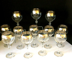 Lot 12 Pcs Wine Glasses Optic Bowl Disc Stem Gold Platinum Band Unbranded