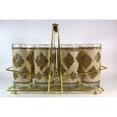 Mid Century Drinking Glasses Set of 8 Hollywood Regency Barware and Caddy