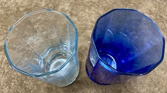 Vintage Anchor Hocking Faceted Octagon Glass Tumblers, 1 Clear, 1 Kobalt Blue