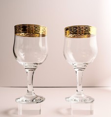 Two Vintage Wine Glasses Pasabahce Turkey Crystal 24k Gold Rim Goblets