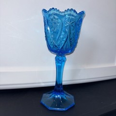 Vintage Kemple Glass Chalice/Goblet – Aqua – Hobstar Pattern – Sawtooth Edge
