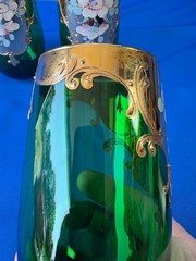 5 Bohemian 24K Gold Emerald Green 5″ Tumblers Hand Painted Raised Enamel Flowers