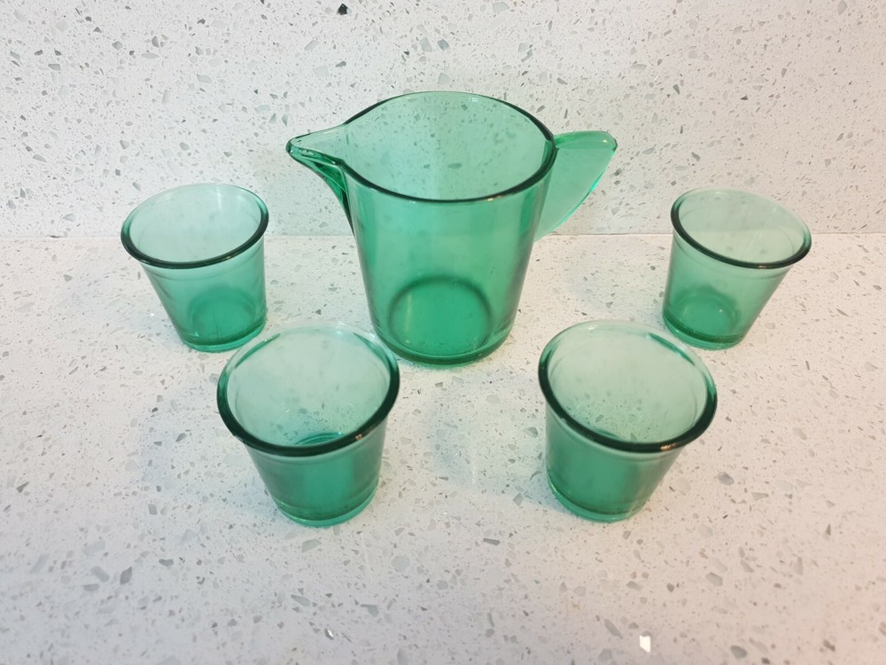 Rare Antique Vintage 1920s Green Children’s Lemonade Glass Pitcher Set