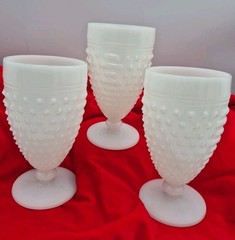 Set Of 3 Anchor Hocking Milk Glass Hobnail Footed Goblets 5-1/2″ Tall Vintage