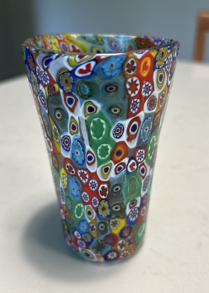 Murano Millefiori Glass Tumbler Hand Blown Venetian Glass, 4.25” X 2.5” EUC