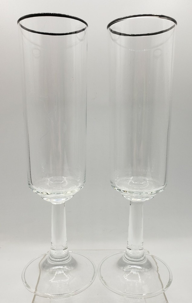 Pair of 8-1/4″H Champagne Flutes Clear Glass with Platinum Trim
