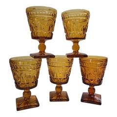 Set of 5 Indiana Colony Glass PARK LANE Amber Square Foot 5.5″ Water Goblets