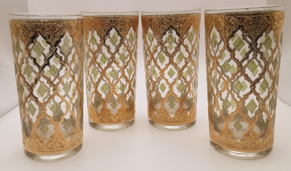 Vintage Signed Culver Valencia Highball Glasses 4 | 22K Gold & Green Diamond