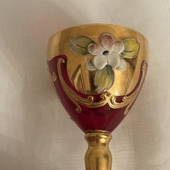 3 Vintage Czech Bohemian Ruby Red Cordial Glasses w/ Gold Trim & Painted Flowers