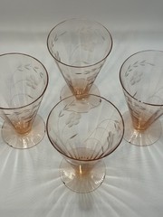 Set of 4 Depression Era 1940s Pink Etched Floral Glasses, Tapered Shape