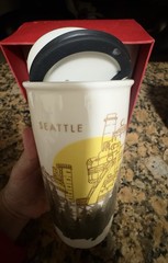Starbucks Seattle Ceramic Travel Mug 12 fl oz White Yellow Brown Black