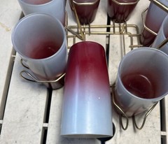 9 PIECE VINTAGE FROSTED COCKTAIL GLASSES IN BRASS CADDY