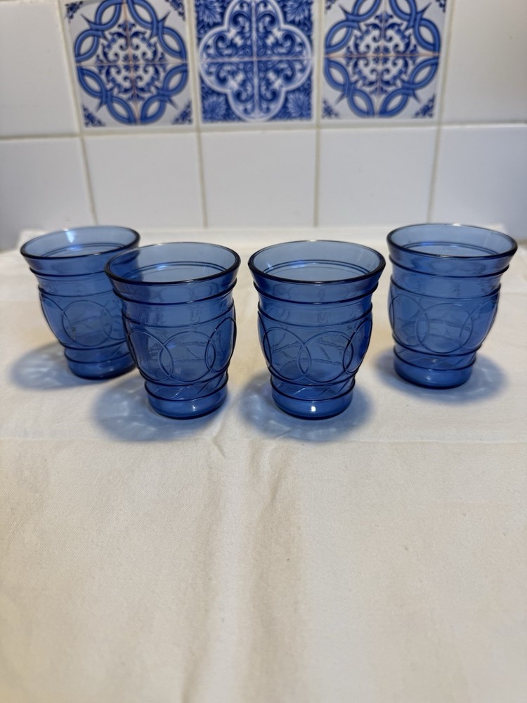 4 Vintage COBALT Maryland Glass Co. RING O’ RINGS WHISKEY CORDIAL GLASS EUC
