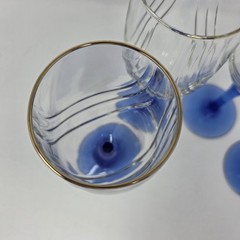 Libbey Crystal Blue Water Wine Goblets Arby’s Drape Optic Blue Stem Gold Trim