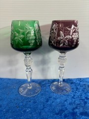 Rare Vintage Pair Bavarian Crystal Green & Purple Cut to Clear Goblets 8.25″