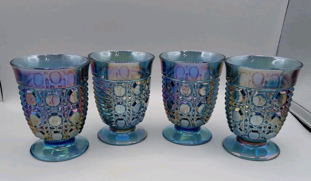 Vintage Windsor button & cane iridescent blue carnival glass Tumbler Juice Glass