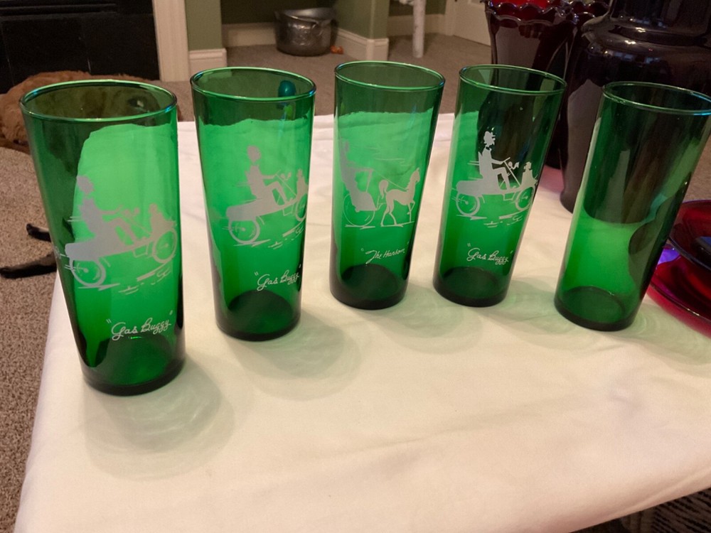 Lot of 5 Anchor Hocking Forest Green Glasses THE HANSOM» & the “GAS BUGGY»