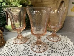 3 Vintage Indiana Glass Pink Madrid Recollection Water Goblet 6 1/2”