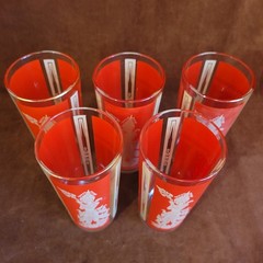 Set Of 5 1960’s Culver Red & Gold Highball Drinking Glasses Dancer Thai Goddess